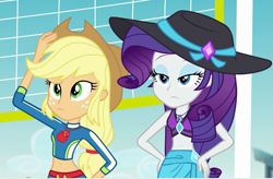 Size: 799x523 | Tagged: safe, imported from derpibooru, screencap, applejack, rarity, equestria girls, applejack's beach shorts swimsuit, applejack's hat, best friends, blinking, confused, cowboy hat, equestria girls specials, eyebrows, eyeshadow, hand on head, hand on hip, hat, makeup, my little pony equestria girls: forgotten friendship, raised eyebrow, rarity's blue sarong, rarity's purple bikini, stetson, sun hat