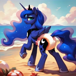 Size: 4096x4096 | Tagged: safe, imported from derpibooru, princess luna, alicorn, pony, ai content, ai generated, beach, diaper, diaper fetish, female, fetish, jewelry, non-baby in diaper, outdoors, poofy diaper, prompter:minty breeze, raised hoof, regalia, solo