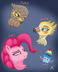 Size: 4685x5841 | Tagged: safe, artist:bluishdraft, imported from derpibooru, pinkie pie, oc, earth pony, griffon, pony, cupcake, female, food, mare