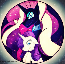 Size: 800x793 | Tagged: safe, artist:asinglepetal, idw, imported from derpibooru, nightmare rarity, rarity, pony, unicorn, ethereal hair, eyeshadow, female, horn, ipad, jewelry, makeup, mare, moon, necklace, nightmarified, procreate app, solo, space, stars, tumblr:a rarity of a nightmare, tumblr:ask nightmare rarity, watermark, wavy hair, white stripe, white stripes