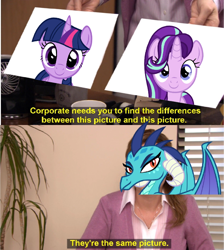 Size: 644x720 | Tagged: safe, imported from derpibooru, princess ember, starlight, starlight glimmer, twilight, twilight sparkle, alicorn, dragon, pony, unicorn, exploitable meme, female, horn, mare, meme, monochrome, pictures, plant, text, they're the same picture, window