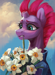 Size: 738x1000 | Tagged: safe, artist:jewellier, imported from derpibooru, part of a set, tempest shadow, pony, unicorn, blushing, bouquet of flowers, bust, cloud, daffodil (flower), female, flower, horn, mare, portrait, sky background, solo