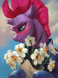 Size: 738x1000 | Tagged: safe, artist:jewellier, imported from derpibooru, part of a set, tempest shadow, pony, unicorn, blushing, bouquet of flowers, bust, cloud, daffodil (flower), female, flower, horn, mare, portrait, sky background, solo