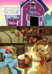 Size: 4169x5906 | Tagged: safe, artist:flvski, imported from derpibooru, applejack, rainbow dash, earth pony, pegasus, pony, apple, apple cider, appledash, applejack's hat, barn, cider, cider mug, comic, cowboy hat, duo, duo female, female, food, freckles, hat, hay bale, lesbian, lying down, mare, mug, on back, open mouth, shipping, spread wings, sweet apple acres barn, wings