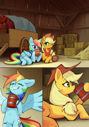 Size: 4169x5906 | Tagged: safe, artist:flvski, imported from derpibooru, applejack, rainbow dash, earth pony, pegasus, pony, apple cider, appledash, applejack's hat, cider, cider mug, comic, cowboy hat, drink, drinking, duo, duo female, eyes closed, female, folded wings, freckles, hat, indoors, lesbian, licking, licking lips, mug, shipping, spread wings, tail, tongue out, wings