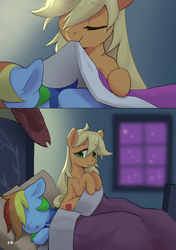 Size: 4169x5906 | Tagged: safe, artist:flvski, imported from derpibooru, applejack, rainbow dash, earth pony, pegasus, pony, appledash, applejack's hat, bed, blanket, comic, cowboy hat, duo, duo female, eyes closed, female, freckles, hat, indoors, lesbian, lying down, lying on bed, mare, mouth hold, on bed, pillow, shipping, sleeping, window