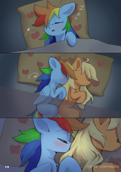 Size: 4169x5906 | Tagged: safe, artist:flvski, imported from derpibooru, applejack, rainbow dash, earth pony, pegasus, pony, appledash, blushing, duo, duo female, female, folded wings, lesbian, mare, onomatopoeia, pillow, shipping, sound effects, wings, zzz