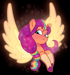 Size: 2401x2577 | Tagged: safe, artist:felux, imported from derpibooru, sunny starscout, alicorn, earth pony, pony, artificial horn, artificial wings, augmented, black background, blushing, female, g5, glitter, glowing, horn, magic, magic aura, magic horn, magic wings, mane stripe sunny, mare, my little pony: tell your tale, race swap, serious, serious face, simple background, solo, sunnycorn, transformation, wings