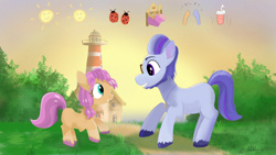 Size: 1280x720 | Tagged: safe, artist:addelum, imported from derpibooru, sunny starscout, earth pony, pony, argyle starshine, duo, duo male and female, female, filly, filly sunny starscout, foal, g5, lighthouse, male, my little pony: a new generation, stallion, sunshine sunshine, younger