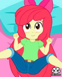 Size: 720x900 | Tagged: safe, artist:theminus, imported from derpibooru, apple bloom, human, equestria girls, belt buckle, blushing, bow, clothes, denim, hair bow, jeans, looking at you, lying down, on back, pants, shirt, smiling, smiling at you, solo, spread legs, spreading, t-shirt