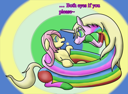 Size: 1280x948 | Tagged: safe, artist:luszor2, imported from derpibooru, fluttershy, pegasus, pony, unicorn, adventure time, coiling, coils, crossover, cute, duo, female, horn, hypno eyes, hypnoshy, hypnosis, hypnotized, kaa eyes, lady rainicorn, looking at each other, looking at someone, mare, open mouth, shyabetes, smiling