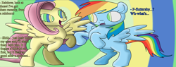 Size: 1280x487 | Tagged: safe, artist:luszor2, imported from derpibooru, fluttershy, rainbow dash, pegasus, pony, :o, cute, dashabetes, duo, female, hypno dash, hypno eyes, hypnoshy, hypnosis, hypnotized, implied lady rainicorn, kaa eyes, mare, open mouth, open smile, shyabetes, smiling, spread wings, text, wings