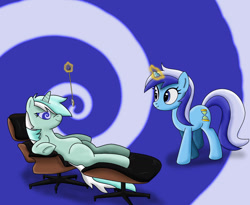 Size: 1280x1048 | Tagged: safe, artist:luszor2, imported from derpibooru, lyra heartstrings, minuette, pony, unicorn, chair, cute, duo, female, glowing, glowing horn, horn, hypnosis, hypnotized, looking at each other, looking at someone, lyrabetes, mare, minubetes, pocket watch, sitting, smiling, smiling at each other