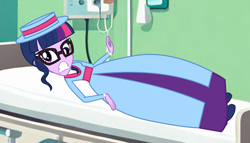 Size: 6594x3768 | Tagged: safe, artist:cartoonmasterv3, imported from derpibooru, sci-twi, twilight sparkle, human, equestria girls, bed, clothes, dress, edwardian, gown, hospital, hospital bed, hospital room, humanized, hypno eyes, hypnosis, hypnotized, long dress, long skirt, skirt, solo