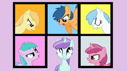 Size: 1280x720 | Tagged: safe, artist:maddiewondermanforever36, artist:rain-approves, imported from derpibooru, cotton cloudy, first base, liza doolots, noi, petunia, ruby pinch, tootsie flute, earth pony, pegasus, pony, unicorn, season 1, the ticket master, adorabase, angry, aura (g4), aurabetes, base used, cottonbetes, cute, eyes closed, female, filly six, flying, frown, grin, group, horn, lavender background, looking up, madorable, mare, narrowed eyes, noiabetes, older, older aura (g4), older cotton cloudy, older first base, older liza doolots, older noi, older petunia, older ruby pinch, older tootsie flute, pegasus first base, pinchybetes, race swap, sextet, shocked, simple background, smiling, talking, tootsie cute, yelling