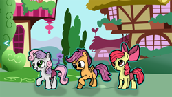 Size: 1280x720 | Tagged: safe, artist:background_pon3, imported from derpibooru, apple bloom, scootaloo, sweetie belle, earth pony, pegasus, pony, unicorn, bow, clothes, cutie mark crusaders, female, filly, foal, hair bow, horn, house, houses, panties, ponyville, standing, underwear, wings