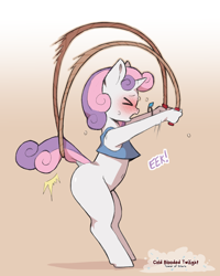 Size: 960x1200 | Tagged: safe, artist:cold-blooded-twilight, imported from derpibooru, sweetie belle, anthro, pony, unicorn, ><, belly, belly button, blank flank, blushing, bottomless, clothes, dialogue, dock, emanata, eyes closed, female, filly, foal, horn, jump rope, mistake, partial nudity, raised tail, solo, sweat, tail