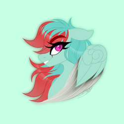 Size: 1500x1500 | Tagged: safe, artist:inspiredpixels, imported from derpibooru, oc, oc only, oc:watercolor (the coco clan), pegasus, pony, 2022, blade, blades, bust, catchlights, colored pupils, commission, commissioner:rautamiekka, daughter, digital art, eyebrows, eyelashes, eyes open, female, female oc, floppy ears, folded wings, green background, green mane, green tail, grin, looking at you, magenta eyes, magenta pupils, mane, mare, mare oc, no shading, partial transformation, pegasus oc, pegasus wings, pony oc, red mane, side view, signature, simple background, sister, smiling, solo, tail, teeth, two toned mane, weapon, wingblade, wings, ych result