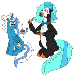 Size: 2088x2136 | Tagged: safe, artist:supahdonarudo, imported from derpibooru, oc, oc only, oc:fleurbelle, oc:icebeak, alicorn, classical hippogriff, hippogriff, bow, cake, food, fork, holding, jewelry, levitation, magic, necklace, plate, simple background, sitting, telekinesis, transparent background