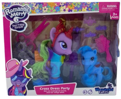 Size: 567x465 | Tagged: safe, imported from derpibooru, pegasus, pony, unicorn, ages 3+, bootleg, brush, choking hazard, clothes, comb, crossdressing, crown, female, g3, g3.5, hairclip, hat, horn, irl, jewelry, mare, not twilight sparkle, photo, regalia, romantic merry, romantic merry best friend forever, scissors, shirt, shoes, skirt, sunglasses, tiara, toy, wonderful girls