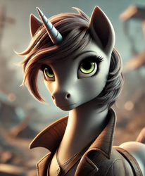 Size: 842x1024 | Tagged: safe, imported from derpibooru, oc, oc:littlepip, pony, unicorn, fallout equestria, ai content, ai generated, generator:dall-e 3, horn, prompter:teonanakatle, redesign, solo, wasteland