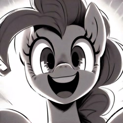 Size: 2560x2560 | Tagged: safe, imported from twibooru, pinkie pie, earth pony, pony, ai content, ai generated, generator:bing image creator, generator:dall-e 3, grayscale, image, manga style, monochrome, needs more jpeg, open mouth, prompter:enterusxrname, smiling, solo