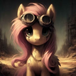 Size: 1024x1024 | Tagged: safe, imported from twibooru, fluttershy, pegasus, pony, ai content, ai generated, generator:bing image creator, goggles, image, needs more jpeg, prompter:enterusxrname, solo, wasteland