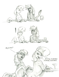 Size: 1067x1400 | Tagged: safe, artist:baron engel, imported from derpibooru, oc, oc only, oc:carousel, oc:petina, earth pony, pony, unicorn, bar, black and white, dialogue, exclamation point, glass, grayscale, horn, monochrome, mug, pencil drawing, simple background, story included, traditional art, white background