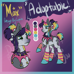 Size: 1994x1994 | Tagged: safe, artist:cupute, imported from derpibooru, oc, oc only, earth pony, horse, pony, adoptable, adoptable open, big ears, black mane, blue hooves, bow, choker, clothes, clown, collar, color palette, colored, colored hooves, deviantart, deviantart link, digital art, gray coat, hair bow, hooves, ko-fi, kofi, letter, multicolored hair, multicolored mane, multicolored tail, paint horse, paint pony, paypal, pigtails, rainbow, rainbow hair, reference sheet, sale, scenecore, socks, solo, spiked choker, spiked collar, split colored mane, tail, text, white markings