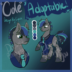 Size: 1994x1994 | Tagged: safe, artist:cupute, imported from derpibooru, oc, oc only, earth pony, horse, pony, adoptable, adoptable open, big ears, black mane, blue eyes, blue mane, clothes, color palette, colored, colored hooves, deviantart, deviantart link, digital art, gradient hooves, gray coat, gray hooves, hooves, ko-fi, kofi, letter, mohawk, multicolored hair, multicolored mane, multicolored tail, necktie, paypal, ponytail, reference sheet, sale, short hair, solo, suit, tail, text