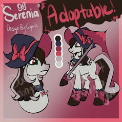 Size: 1994x1994 | Tagged: safe, artist:cupute, imported from derpibooru, oc, oc only, earth pony, horse, pony, adoptable, adoptable open, big ears, black mane, boots, bow, clothes, collar, color palette, colored, colored hooves, deviantart, deviantart link, digital art, goth, gothic, hat, hooves, ko-fi, kofi, letter, multicolored hair, multicolored mane, multicolored tail, paypal, red eyes, reference sheet, sale, shoes, solo, tail, text, umbrella, white coat, witch, witch hat