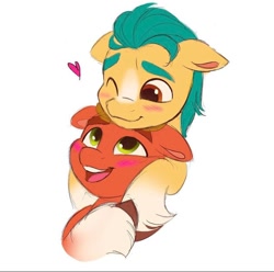 Size: 828x820 | Tagged: safe, artist:haruh_ink, imported from derpibooru, hitch trailblazer, sprout cloverleaf, earth pony, pony, blushing, clovertrail, cuddling, cute, duo, duo male, g5, gay, heart, hitchbetes, holding a pony, hug, male, shipping, simple background, sproutbetes, stallion, white background