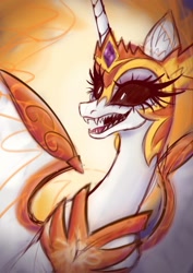 Size: 904x1280 | Tagged: safe, artist:karitcaa, imported from derpibooru, daybreaker, alicorn, pony, black sclera, bust, female, mane of fire, mare, open mouth, portrait, sharp teeth, solo, spread wings, teeth, wings