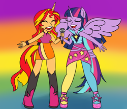 Size: 1148x990 | Tagged: safe, artist:mintymelody, imported from derpibooru, sunset shimmer, twilight sparkle, alicorn, human, equestria girls, eyes closed, horn, horned humanization, humanized, my little pony equestria girls: rainbow rocks, ponied up, rainbow rocks 10th anniversary, twilight sparkle (alicorn)