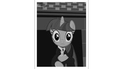 Size: 3840x2160 | Tagged: safe, artist:mbesto, imported from derpibooru, twilight sparkle, cat, pony, unicorn, brick wall, clothes, eyes open, holding, holding a cat, holding hooves, horn, monochrome, solo, suit, tuxedo, wide eyes