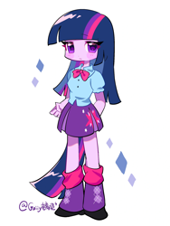 Size: 1620x2160 | Tagged: safe, artist:guiiy电离诡, imported from derpibooru, twilight sparkle, human, equestria girls, blushing, clothes, humanized, looking at you, loose socks, shoes, simple background, solo, standing, tail, tailed humanization, white background