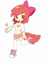 Size: 1080x1440 | Tagged: safe, artist:guiiy电离诡, imported from derpibooru, apple bloom, human, equestria girls, :d, adorabloom, belly, belly button, blushing, bow, clothes, cute, hair bow, heart, humanized, looking at you, miniskirt, open mouth, open smile, pink skirt, raised leg, shirt, shoes, short hair, short shirt, skirt, smiling, smiling at you, sneakers, solo, tail, tailed humanization