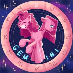 Size: 2000x2000 | Tagged: safe, artist:irisikiki, imported from derpibooru, part of a set, pinkie pie, earth pony, pony, eyes closed, female, floppy ears, gemini, grin, high res, mare, multiple heads, multiple legs, pinkamena diane pie, smiling, stars, two heads, zodiac