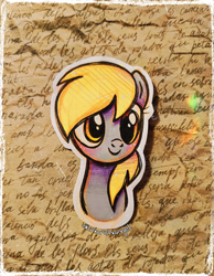 Size: 2287x2950 | Tagged: safe, artist:dariarchangel, imported from derpibooru, derpy hooves, pegasus, pony, adorable face, bangs, blonde, blonde hair, blonde mane, bust, c:, cross-eyed, cute, cute smile, derp, derpabetes, female, gray coat, mare, photo, portrait, precious, smiling, solo, too cute, traditional art, yellow eyes