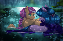 Size: 5100x3300 | Tagged: safe, artist:dannysartden, imported from derpibooru, izzy moonbow, sunny starscout, earth pony, pony, unicorn, duo, duo female, female, g5, horn, lake, lesbian, looking at each other, looking at someone, mare, moonscout, my little pony: a new generation, shipping, submerged, water, wet, wet mane