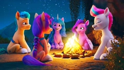 Size: 1406x792 | Tagged: safe, imported from derpibooru, screencap, hitch trailblazer, izzy moonbow, pipp petals, sunny starscout, zipp storm, earth pony, pegasus, pony, unicorn, campfire, female, g5, horn, looking at each other, looking at someone, male, mane five, mare, my little pony: a new generation, night, stallion