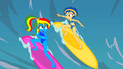 Size: 3496x1968 | Tagged: safe, artist:shieldwingarmorofgod, imported from derpibooru, oc, oc:flare spark, oc:royal strength, equestria girls, ocean, surfboard, surfing, water