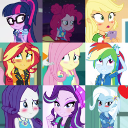 Size: 1920x1920 | Tagged: safe, edit, edited screencap, imported from derpibooru, screencap, applejack, fluttershy, pinkie pie, rainbow dash, rarity, sci-twi, starlight glimmer, sunset shimmer, trixie, twilight sparkle, human, equestria girls, blush sticker, blushing, female, humane five, humane seven, humane six