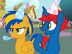 Size: 2048x1536 | Tagged: safe, artist:ry-bluepony1, imported from derpibooru, oc, oc:flare spark, oc:train track, pegasus, unicorn, base used, birthday, female, hat, horn, male, party hat, party horn, ponyville