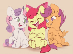 Size: 1280x954 | Tagged: safe, artist:chub-wub, imported from derpibooru, apple bloom, scootaloo, sweetie belle, earth pony, pegasus, pony, unicorn, brown background, cute, cutie mark crusaders, eyes closed, female, filly, foal, grin, horn, open mouth, simple background, smiling