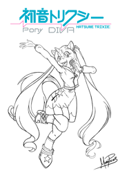 Size: 2481x3508 | Tagged: safe, artist:memprices, imported from derpibooru, trixie, anthro, unguligrade anthro, boots, clothes, crossover, digital art, hairclip, hatsune miku, lineart, logo parody, looking at you, microphone, pencil drawing, ponytail, rainbow rocks 10th anniversary, raised hand, shoes, singing, sketch, skirt, smiling, smiling at you, standing, standing on one leg, sweater, traditional art, vocaloid, wip