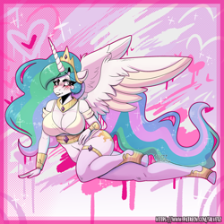 Size: 3000x3000 | Tagged: safe, artist:silvetz, imported from derpibooru, princess celestia, alicorn, anthro, breasts, busty princess celestia, clothes, female, socks, thigh highs