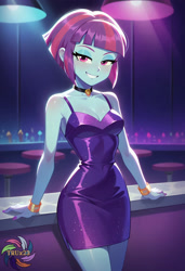 Size: 2496x3648 | Tagged: safe, imported from derpibooru, sunny flare, human, equestria girls, ai content, ai generated, bare shoulders, breasts, clothes, dress, female, looking at you, nightclub, prompter:trux23, sleeveless, smiling, smiling at you, solo, upper body