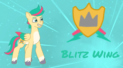 Size: 1018x572 | Tagged: source needed, safe, artist:shucku, imported from derpibooru, oc, oc only, oc:blitz wing, pegasus, pony, base used, cutie mark, cyan eyes, g5, g5 oc, male, my little pony: tell your tale, offspring, parent:hitch trailblazer, parent:zipp storm, parents:stormblazer, pegasus oc, stallion, stallion oc, tail, tell your tale accurate, title card, two toned mane, two toned tail, unshorn fetlocks, wings