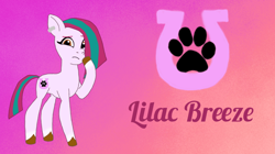 Size: 1018x572 | Tagged: source needed, safe, artist:shucku, imported from derpibooru, oc, oc only, oc:lilac breeze, earth pony, pony, cutie mark, ear piercing, earth pony oc, female, g5, g5 oc, looking at you, mare, my little pony: tell your tale, offspring, parent:hitch trailblazer, parent:zipp storm, parents:stormblazer, piercing, tail, tell your tale accurate, title card, two toned mane, two toned tail, unshorn fetlocks